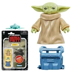 Star Wars Retro Collection Grogu figure out of package with blue accessories and card back.