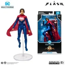 DC Multiverse Supergirl action figure on a stand, next to her sealed The Flash movie packaging.