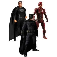 Three action figures from Zack Snyder's Justice League Black Suit Superman, Tactical Suit Batman, and The Flash.