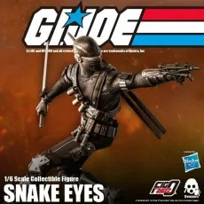 Threezero 16 Scale Collectible Figure of G.I. Joe's Snake Eyes, posed in combat with a sword and gun.
