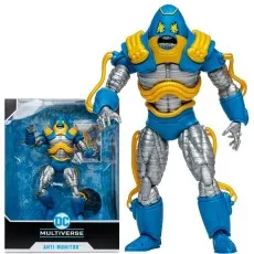 McFarlane DC Multiverse Anti-Monitor action figure, blue and silver with yellow tubes, beside its packaging.