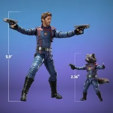 Size comparison Star-Lord figure (5.9) next to a much smaller Rocket Raccoon figure (2.36) against a blue background..