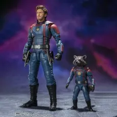 Star-Lord and Rocket Raccoon figures standing side-by-side in their matching blue Guardians of the Galaxy uniforms.