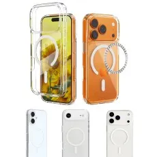Clear and orange MagSafe compatible phone cases shown with magnetic ring accessories and different phone models.