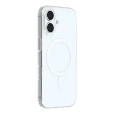 Clear, slim phone case shown from the side and back, featuring a white integrated MagSafe ring for iPhones.