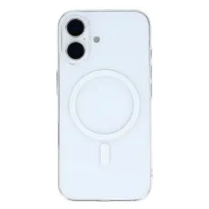 Clear phone case back with two camera lens cutouts and a prominent white MagSafe magnetic ring.