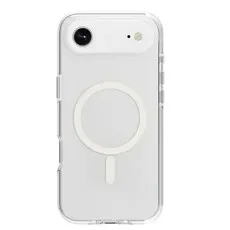 Transparent protective case for an iPhone, featuring a circular magnetic charging guide on the back panel.