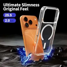 Ad emphasizing Ultimate Slimness (2.0 mm, 25.5 g) for a clear MagSafe case floating near an orange phone..