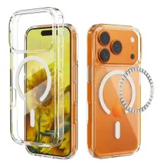 Clear magnetic phone case shown separating from an orange phone, highlighting the internal MagSafe ring