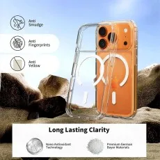 Clear phone case marketing image highlighting Anti Smudge, Anti Fingerprints, and Anti Yellow features on an orange phone.