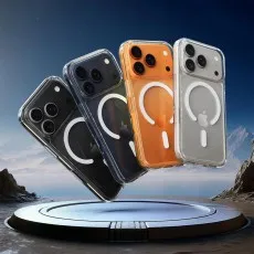 Four MagSafe compatible phone cases (black, dark blue, orange, gray) displayed floating above a futuristic pedestal.