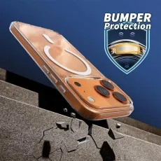 Clear phone case with BUMPER Protection shown surviving a drop onto a cracked concrete surface.