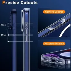 Marketing image showing Precise Cutouts for the camera (10mm gap) and buttons (29mm spacing) on a clear case.