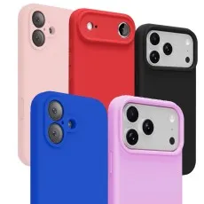 iphone 17 series Collection of iPhone 17 Series cases in pink, red, and black showing different camera cutout designs.