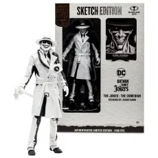 McFarlane Gold Label Sketch Edition Joker The Comedian action figure standing next to its limited edition box.