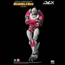ThreeZero DLX Arcee figure in white and pink, arms crossed, from the Transformers Bumblebee movie.