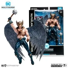 McFarlane Toys DC Multiverse Hawkman action figure with large wings and mace, displayed next to its box.