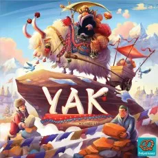 Angled view of the Yak board game box showing a festive scene with yaks and people on a cliff.