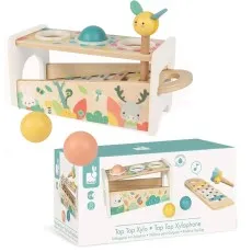 Janod Tap Tap Xylo wooden toy, a hammer bench and xylophone combo, shown unboxed with its packaging.