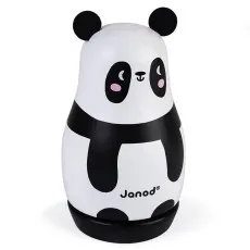 Close-up of the Janod wooden music box panda toy, a black and white tumbler figure with a cute face.