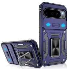 Blue Ring Armour case for Pixel 9 with sliding camera shutter and ring stand.