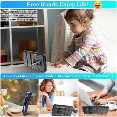 Woman smiling and holding a Google Pixel 9 in a black Ring Armour shockproof case.