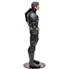 Side profile of Batman action figure in black tactical armor on a circular display stand