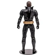 Rear view of a Batman action figure showing textured tactical armor and a gold utility belt.