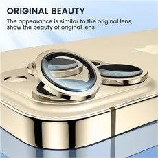 Gold camera lens protectors shown fitting onto a smartphone camera module for a seamless look.