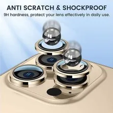 Gold camera lens protectors with metal balls demonstrating 9H hardness and shockproof durability.
