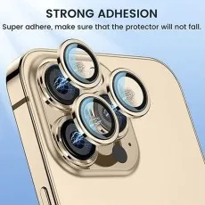 Gold ring lens protectors hovering over a gold smartphone camera with Strong Adhesion.