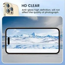 Smartphone showing a clear mountain landscape to demonstrate HD lens protector quality.