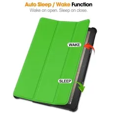Green Fire HD 10 case demonstrating the auto sleep on close and wake on open feature.