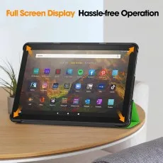 Fire HD 10 in a green trifold stand on a table showing a full screen with no border obstruction.