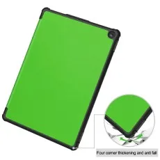 Green Kindle Fire HD 10 case with a callout highlighting Four corner thickening and anti fall.
