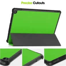 Green Kindle Fire HD 10 case with close-ups of precise cutouts for camera, port, and buttons.