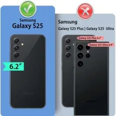 Size comparison graphic highlighting compatibility with the 6.2-inch Samsung Galaxy S25.