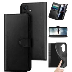 Black leather wallet case for Samsung S25 with card slots and horizontal kickstand.