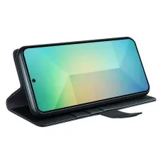 Black leather wallet case for Samsung S25 with horizontal kickstand.