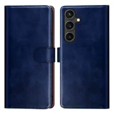 Slim blue leather phone cover featuring a magnetic closure and precise triple camera cutout.