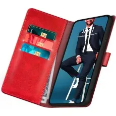 Red Samsung S25 FE wallet case open to show three card slots and an upright phone.