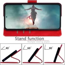 Samsung S25 FE red leather case in stand mode with 40, 60, and 80-degree viewing angles.