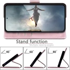 Diagram showing a rosed wallet case supporting a phone at various angles for hands-free use.