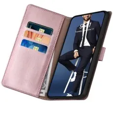 Samsung Galaxy S25 FE in a rose leather flip cover displaying cards and a lifestyle screen.