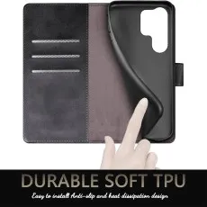 Flexible black TPU phone holder inside a leather case with heat dissipation design