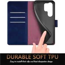 Flexible blue TPU phone holder inside a leather case with heat dissipation design.