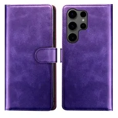 Deep purple leather S25 Ultra wallet cover with magnetic strap and quad-lens camera cutout.