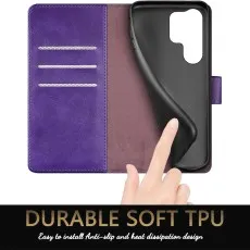Flexible purple TPU phone holder inside a leather case with heat dissipation design.
