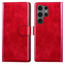 Vibrant red leather S25 Ultra wallet cover with a magnetic clasp and quad camera cutout.