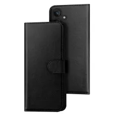Black leather wallet case for Samsung S26 with card slots and horizontal kickstand